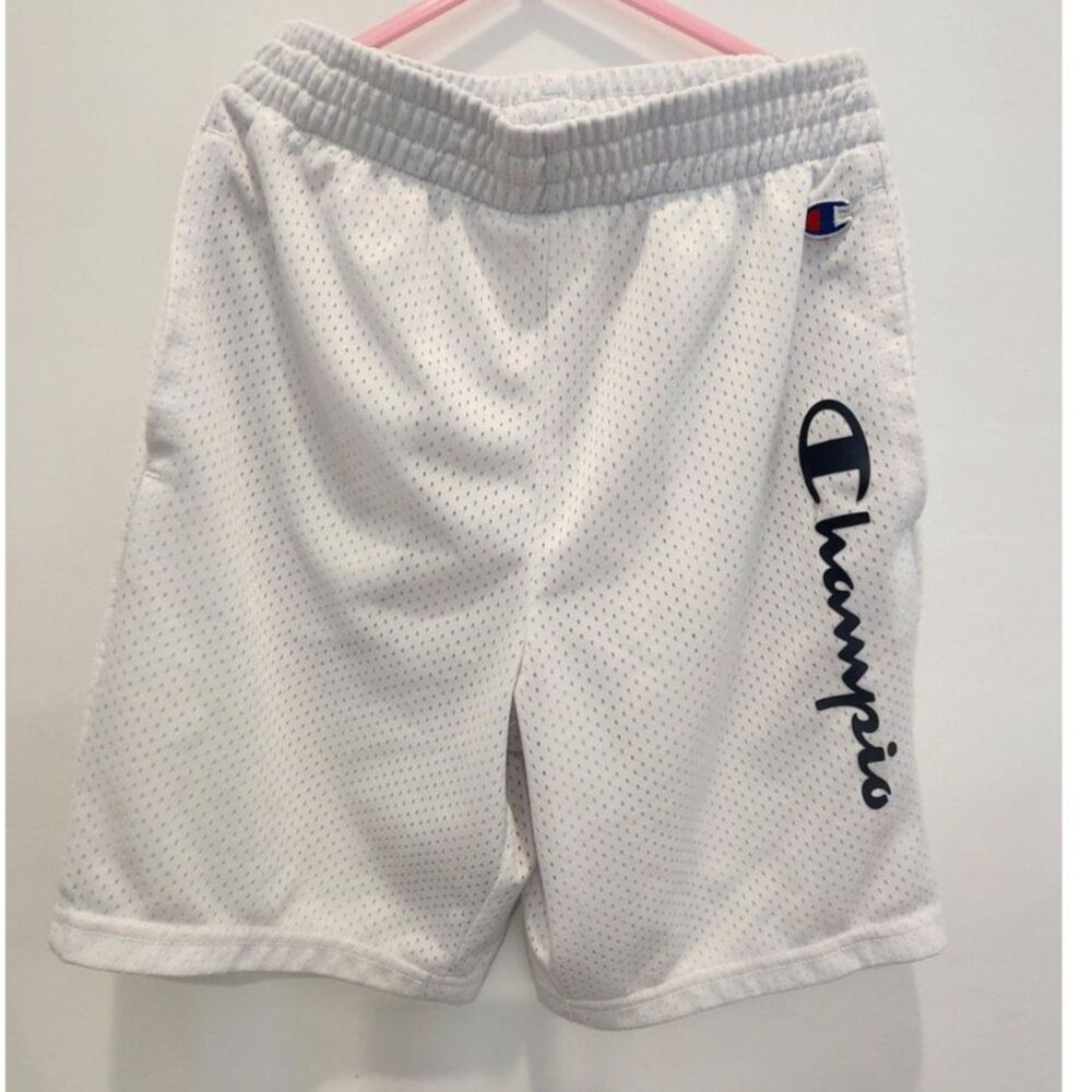 Champion Boys Size 8/10 White Mesh Athletic Shorts Vertical Logo